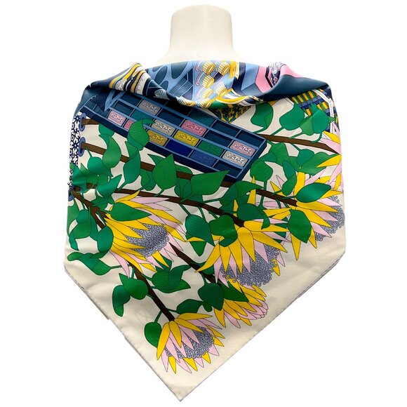 Hermes Ivory / Blue / Pink Multi Les Tresors d'Un Artiste Square Silk Twill Scar - Picture 3 of 10